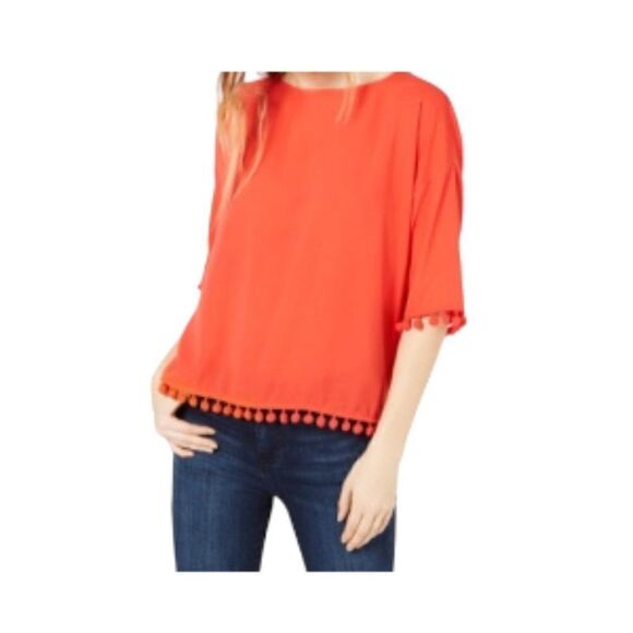 French Connection Polly Pom-pom Top In Fire Coral Medium NWT - Picture 1 of 2